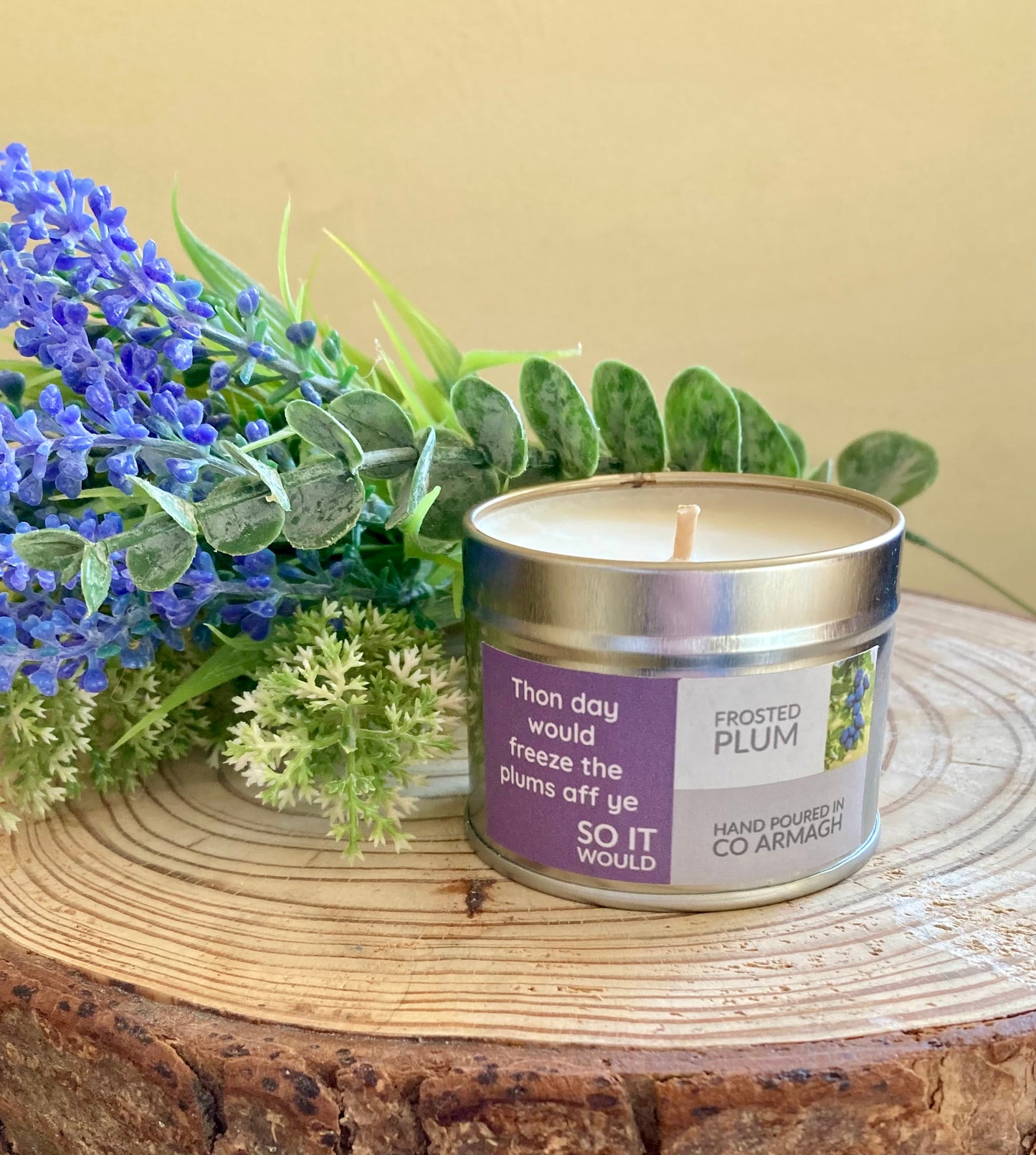‘Thon day would freeze the plums aff ye so it would' Frosted Plum, 96g Candle Tin